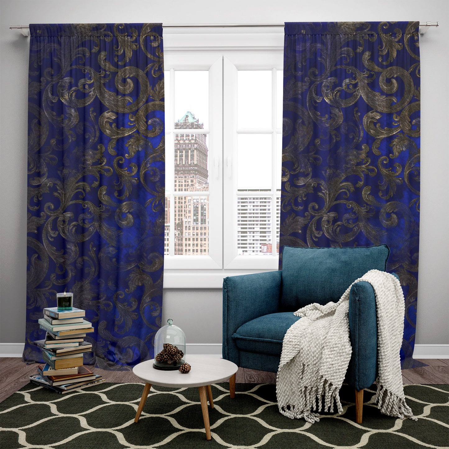 Cortinas 2 PCS SET diseño romántico estilo barroco o griego azul dorado • cortinas de habitación • apagón • decoración del hogar