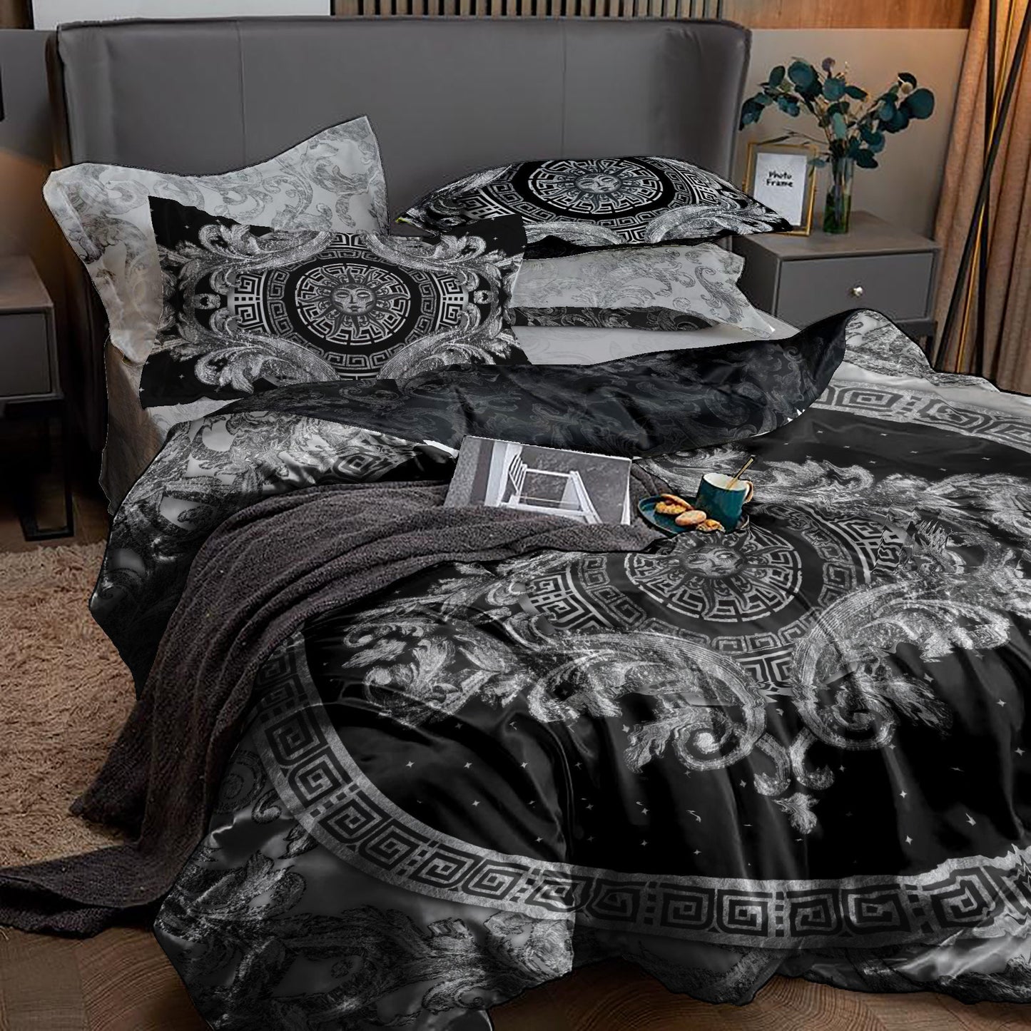 Juego de cama barroco excéntrico personalizado plateado y negro • Diseño reversible • Algodón • microfibra • seda sintética • AU, UE, EE. UU., tamaño queen, king