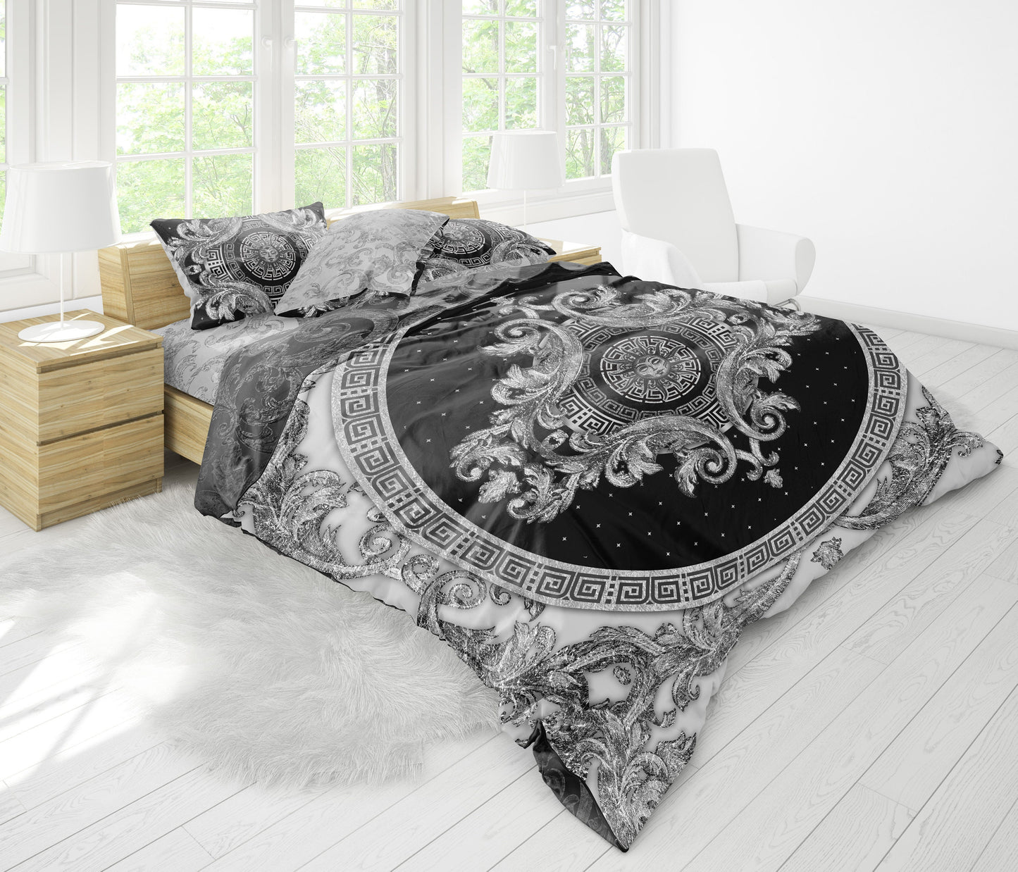 Juego de cama barroco excéntrico personalizado plateado y negro • Diseño reversible • Algodón • microfibra • seda sintética • AU, UE, EE. UU., tamaño queen, king