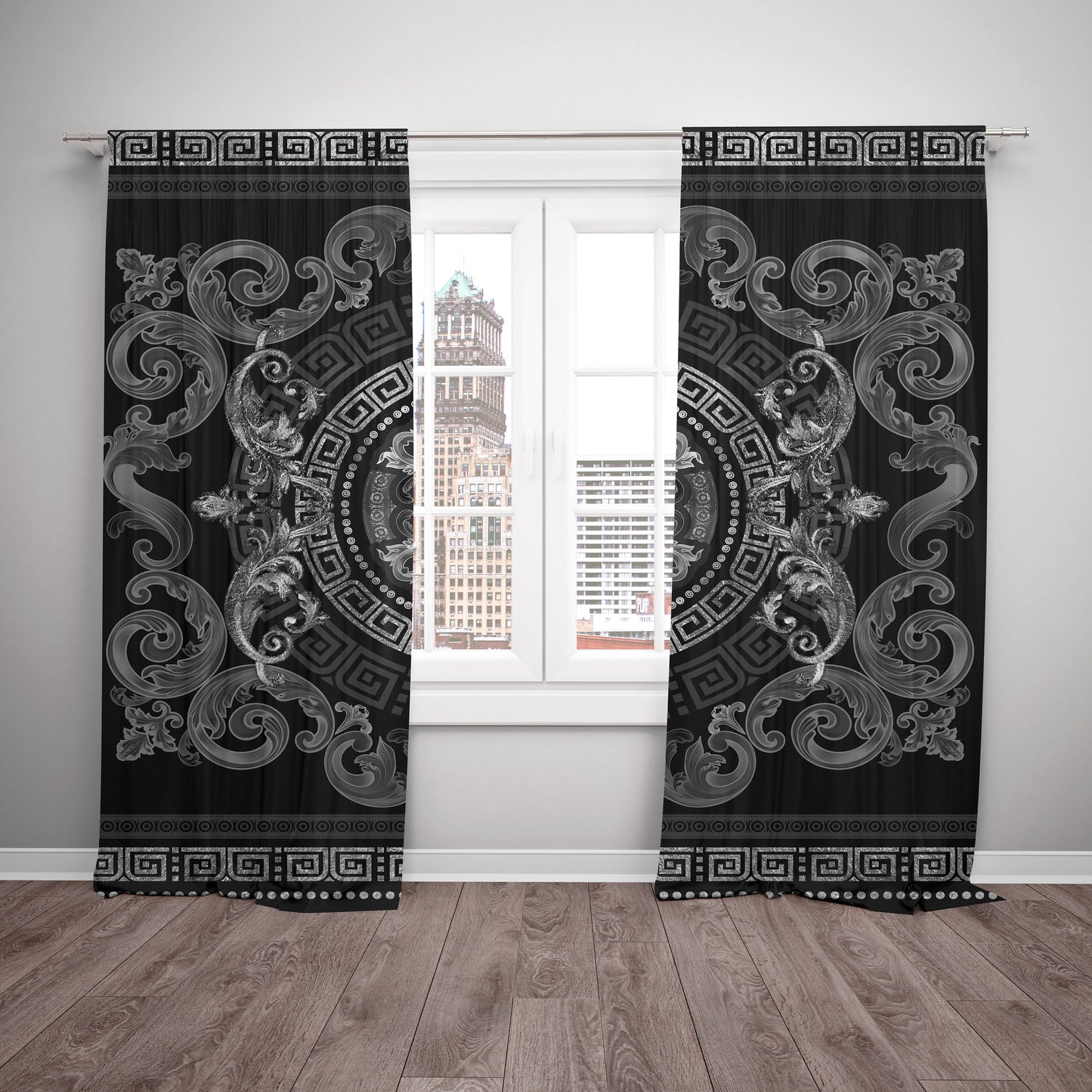 Curtains 2 PCS SET gey-silver baroque or greek style romantic design • your LOGO • room curtains  • home decor