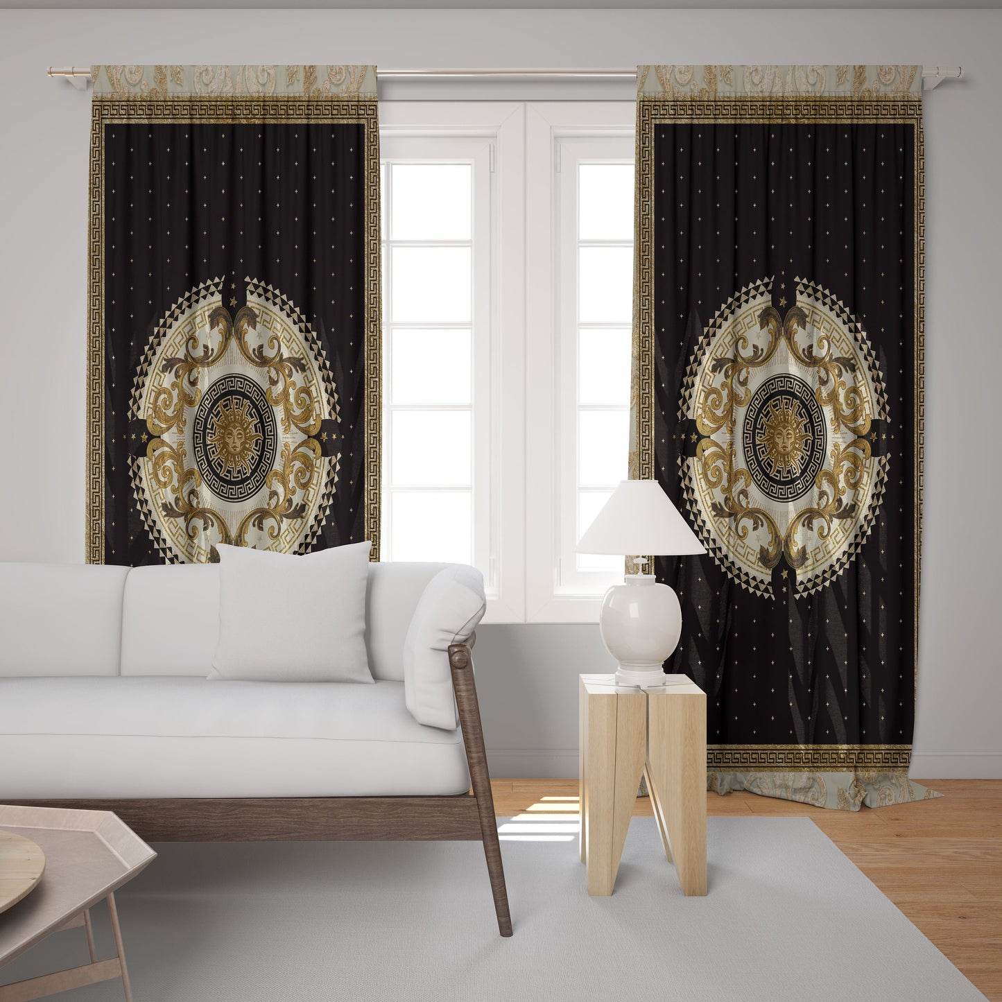 Cortinas 2 PCS SET oro negro estilo barroco o griego diseño romántico • su logotipo • cortinas de la habitación • apagón • decoración del hogar