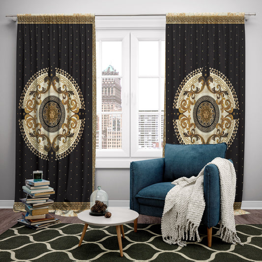 Cortinas 2 PCS SET oro negro estilo barroco o griego diseño romántico • su logotipo • cortinas de la habitación • apagón • decoración del hogar