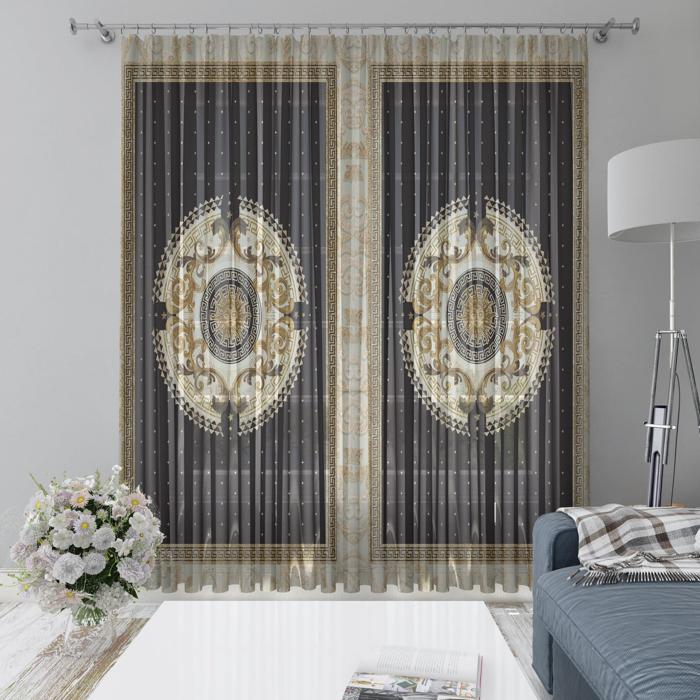 Cortinas 2 PCS SET oro negro estilo barroco o griego diseño romántico • su logotipo • cortinas de la habitación • apagón • decoración del hogar