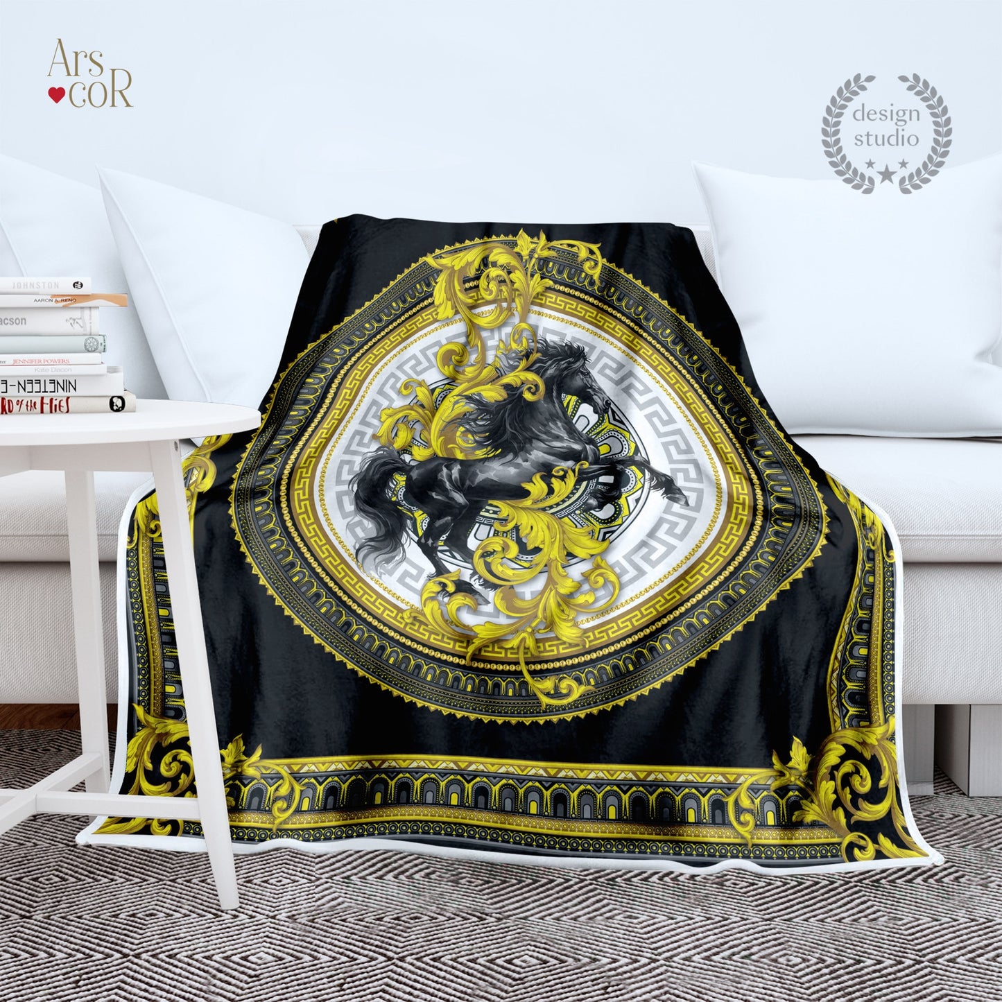 Caballo exclusivo personalizado diseño retro barroco negro-oro Manta Sofá • Edredón • Colcha