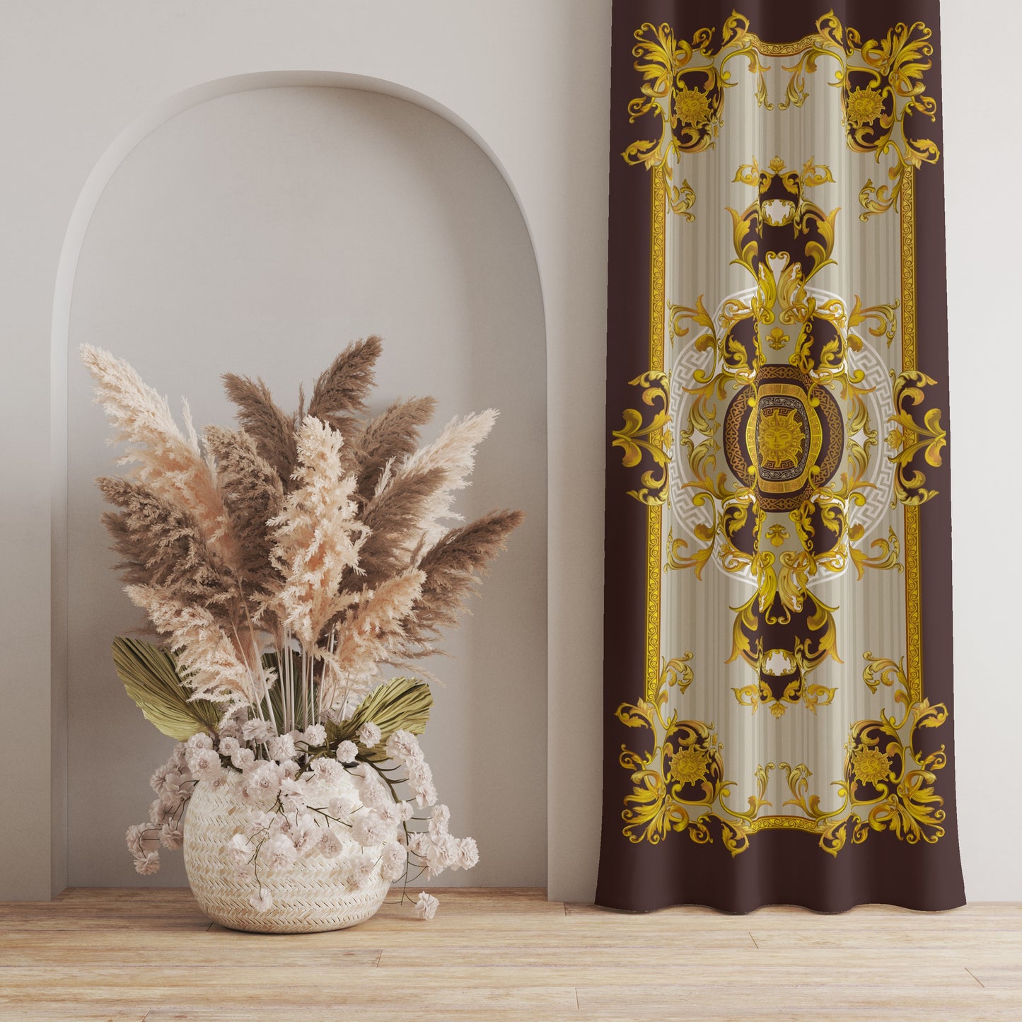 Curtains 2 PCS SET chocolate-beige gold baroque style romantic design • your LOGO • room curtains • blackout • home decor