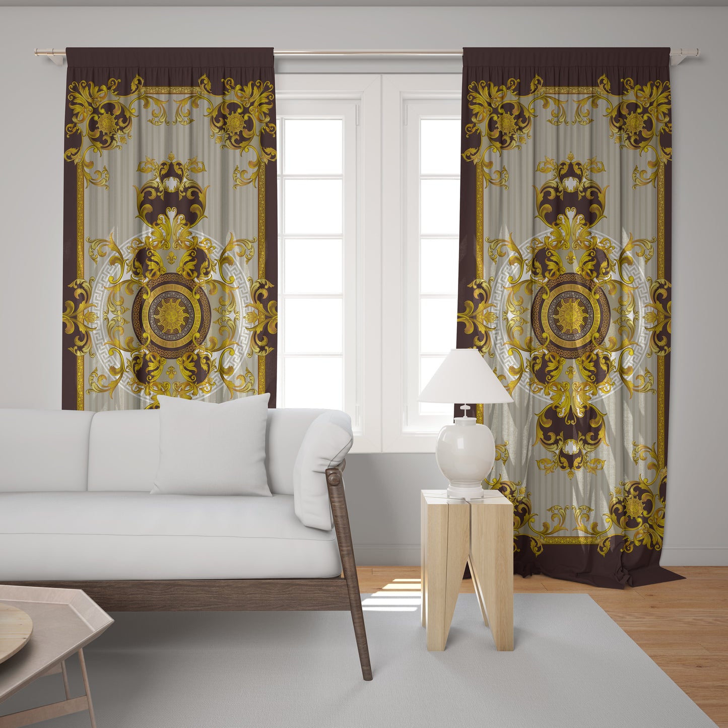 Curtains 2 PCS SET chocolate-beige gold baroque style romantic design • your LOGO • room curtains • blackout • home decor