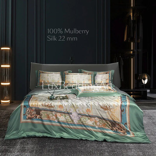 100% Mulberry Silk  22mm Luxury Elegant Bedding set Queen King 4Pcs Vintage Boho • Duvet Cover • Flat Sheet • Pillowcases