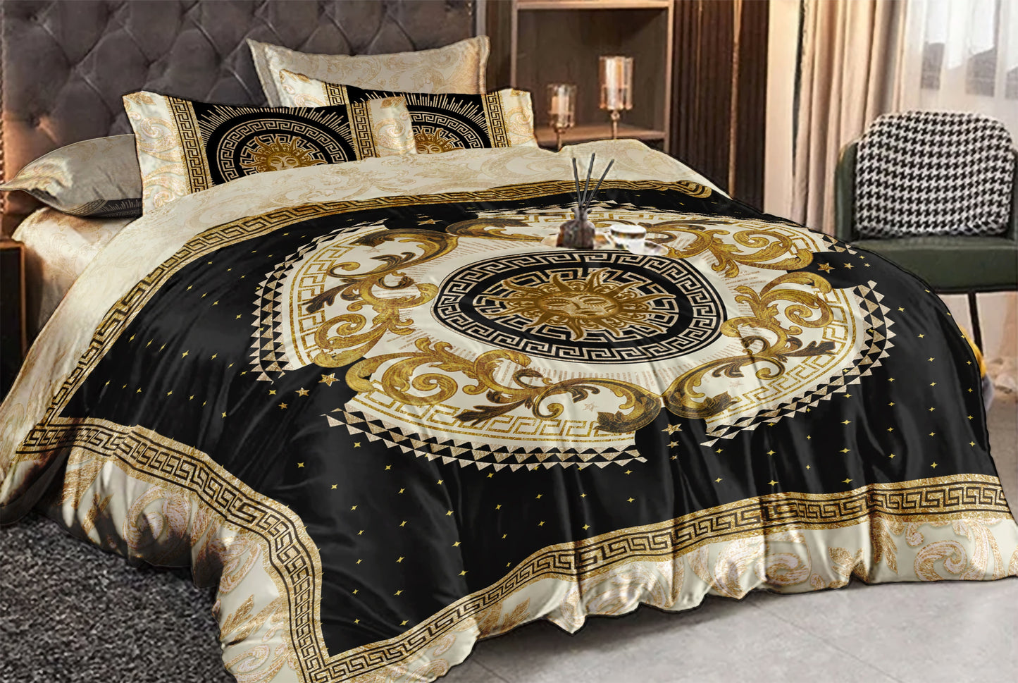 Silk Bedding "Romero" set Baroque Eccentric Personalised design • 4 pcs set • Reversible design • AU, EU, USA, queen, king