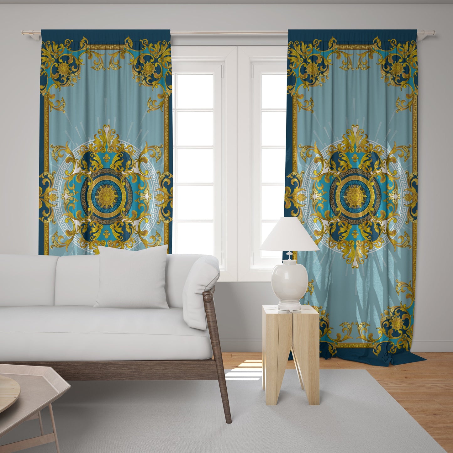 Cortinas 2 PCS SET azul dorado estilo barroco o griego diseño romántico • su logotipo • cortinas de la habitación • apagón • decoración del hogar