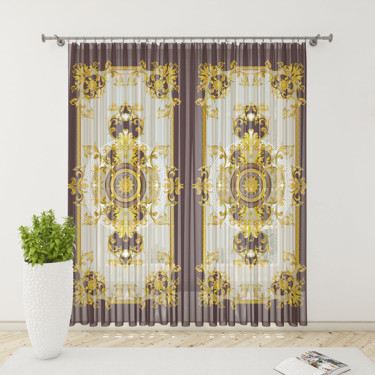 Curtains 2 PCS SET chocolate-beige gold baroque style romantic design • your LOGO • room curtains • blackout • home decor