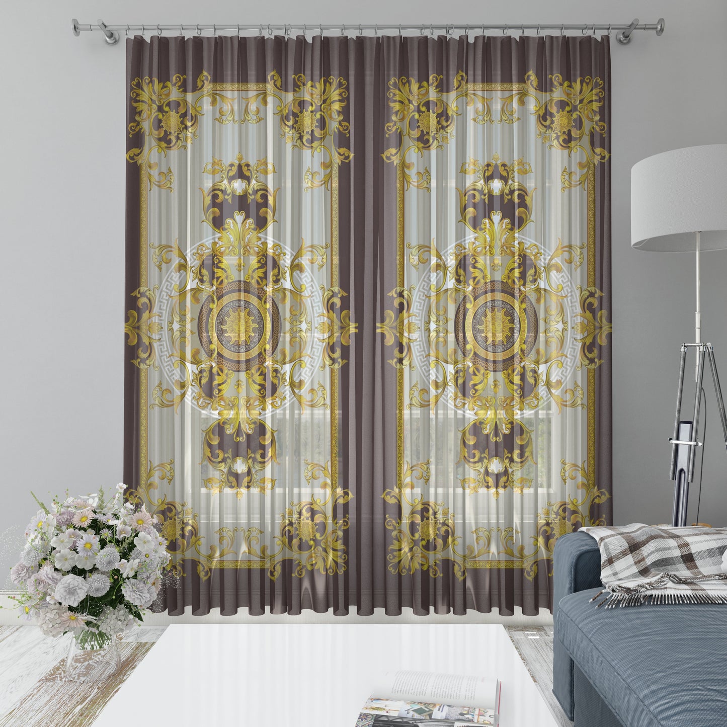 Curtains 2 PCS SET chocolate-beige gold baroque style romantic design • your LOGO • room curtains • blackout • home decor