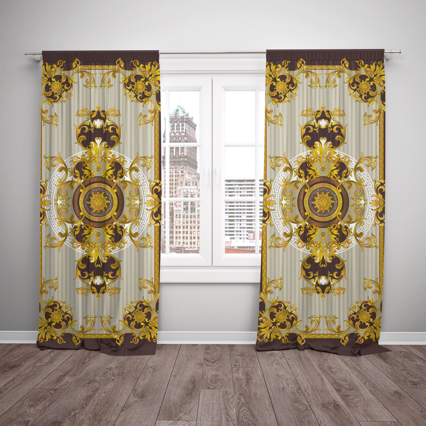 Curtains 2 PCS SET chocolate-beige gold baroque style romantic design • your LOGO • room curtains • blackout • home decor
