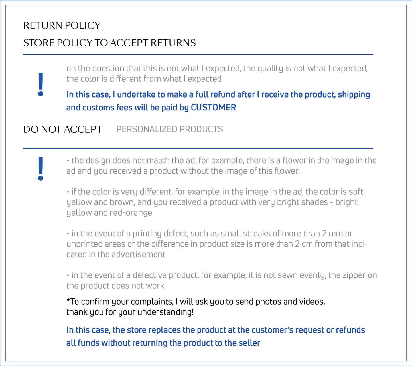 a blue and white brochure with the words return policy