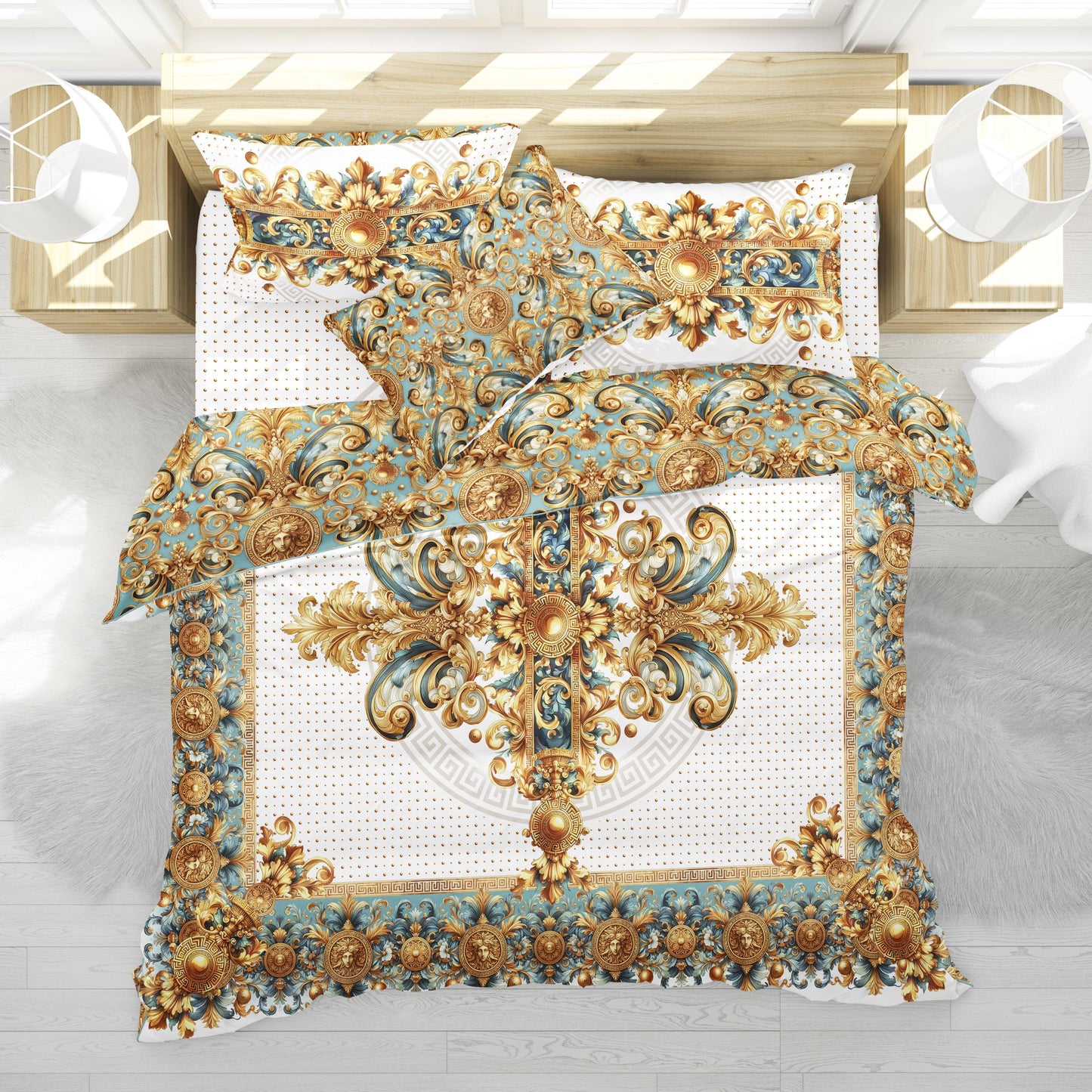 100% Cotton or polyester fabric 3/4 PSC bedding set "ALIBLUE" • exclusive Baroque Eccentric reversible personalized design • place your logo