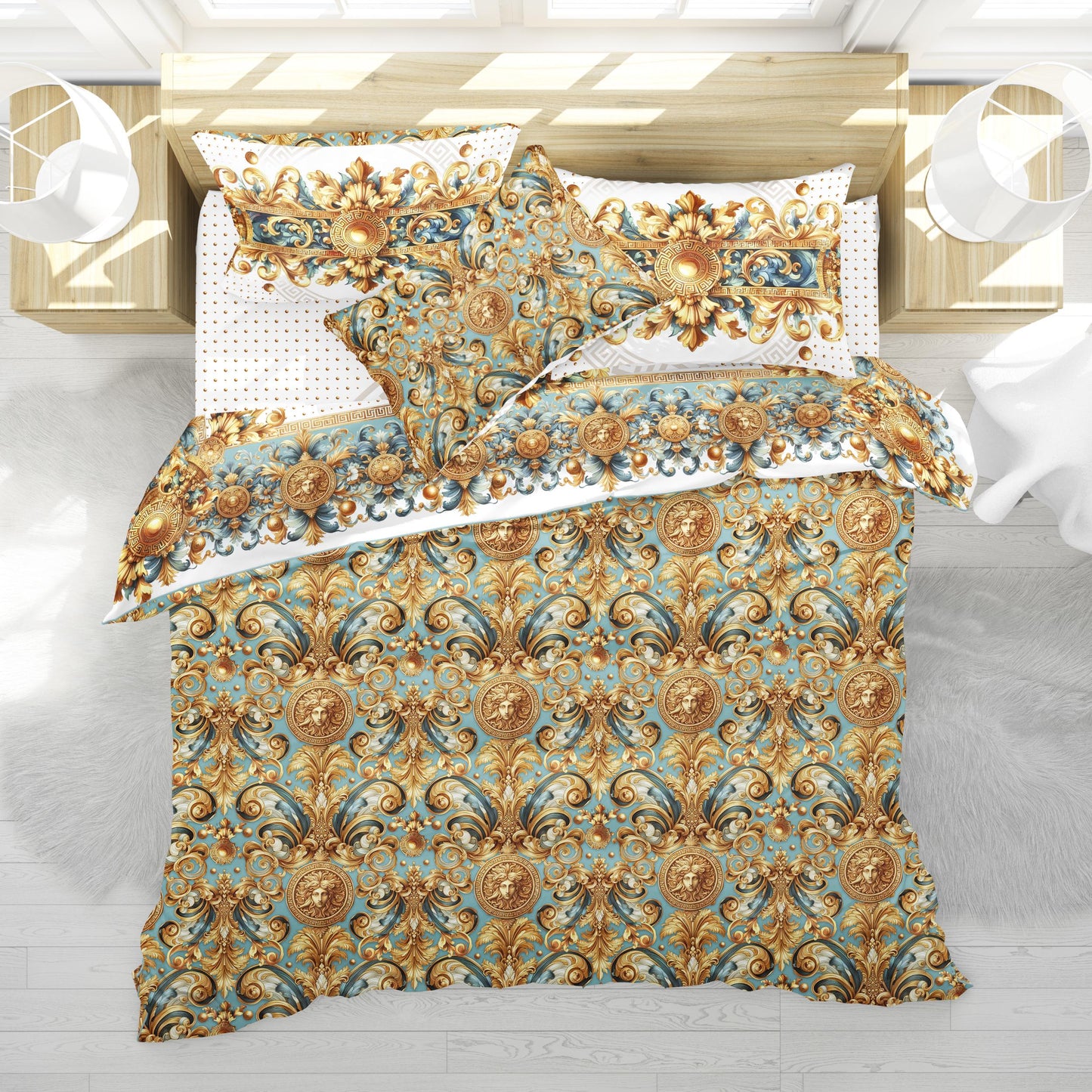 100% Cotton or polyester fabric 3/4 PSC bedding set "ALIBLUE" • exclusive Baroque Eccentric reversible personalized design • place your logo