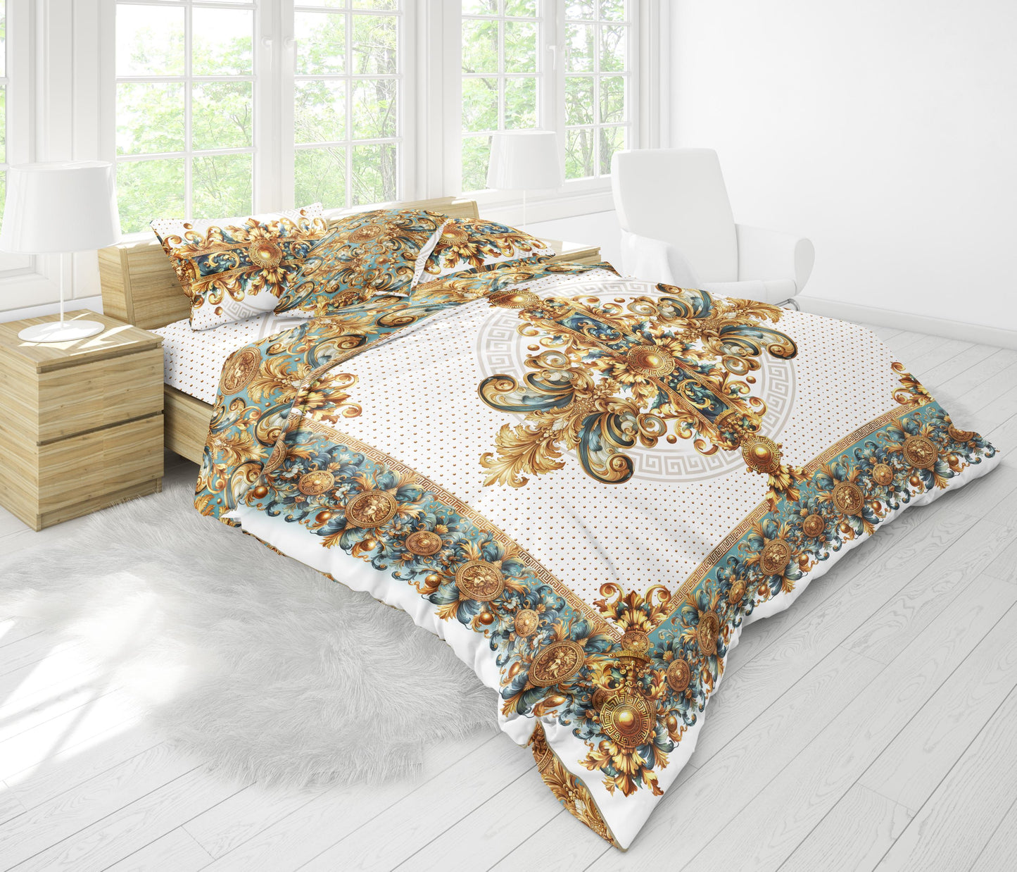 100% Cotton or polyester fabric 3/4 PSC bedding set "ALIBLUE" • exclusive Baroque Eccentric reversible personalized design • place your logo