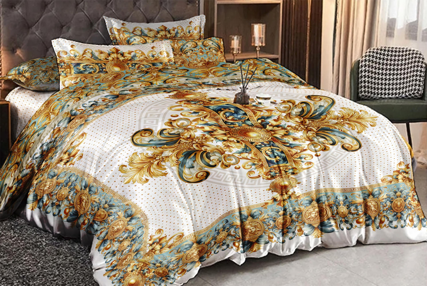 Tencel or Silk 3/4 PSC Baroque Eccentric Personalised Blue-White Bedding set "ALIBLUE" • Reversible design • faux silk • all sizes