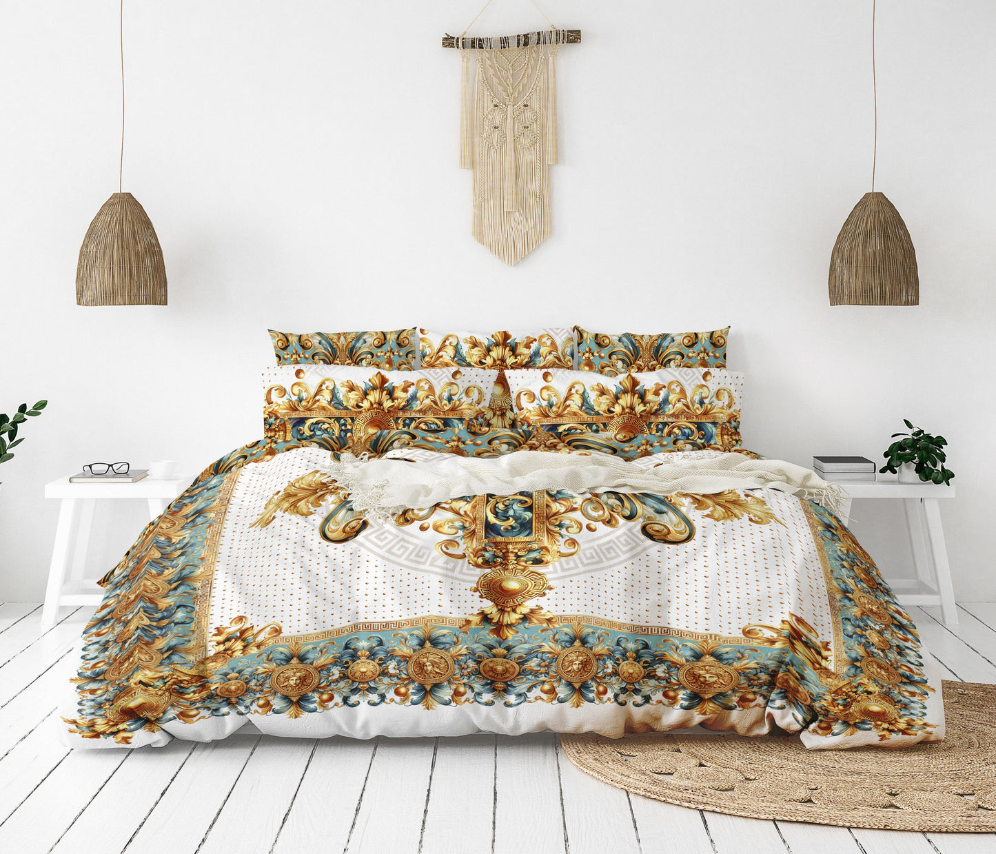 100% Cotton or polyester fabric 3/4 PSC bedding set "ALIBLUE" • exclusive Baroque Eccentric reversible personalized design • place your logo