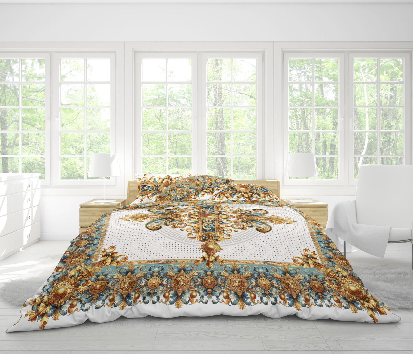 100% Cotton or polyester fabric 3/4 PSC bedding set "ALIBLUE" • exclusive Baroque Eccentric reversible personalized design • place your logo