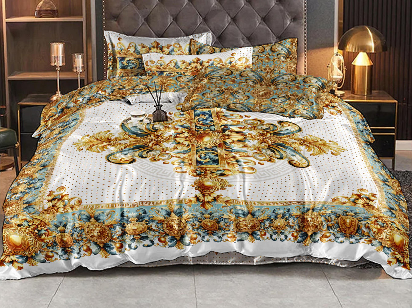 Tencel or Silk 3/4 PSC Baroque Eccentric Personalised Blue-White Bedding set "ALIBLUE" • Reversible design • faux silk • all sizes