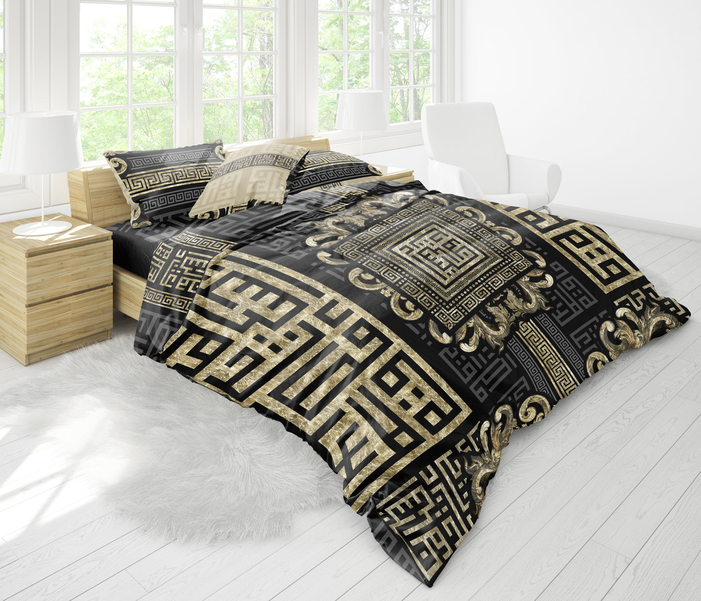 Juego de cama "Myconos"• Minimalismo estilo griego diseño blanco dorado • diseño reversible