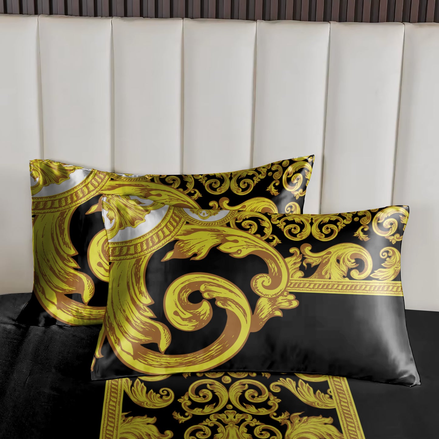 Silky Bedding set "Crete" Baroque Black Yellow White Personalised Romantic design  • Reversible design