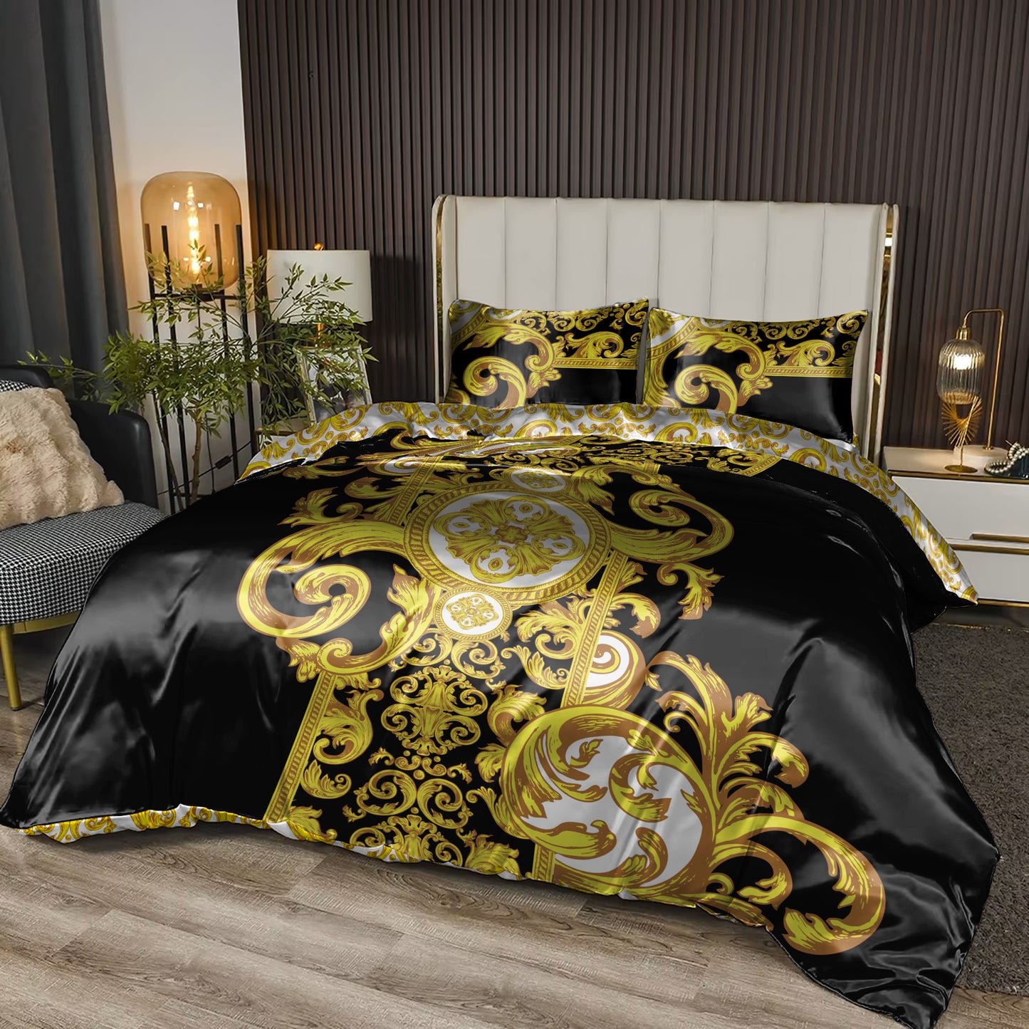 Silky Bedding set "Crete" Baroque Black Yellow White Personalised Romantic design  • Reversible design