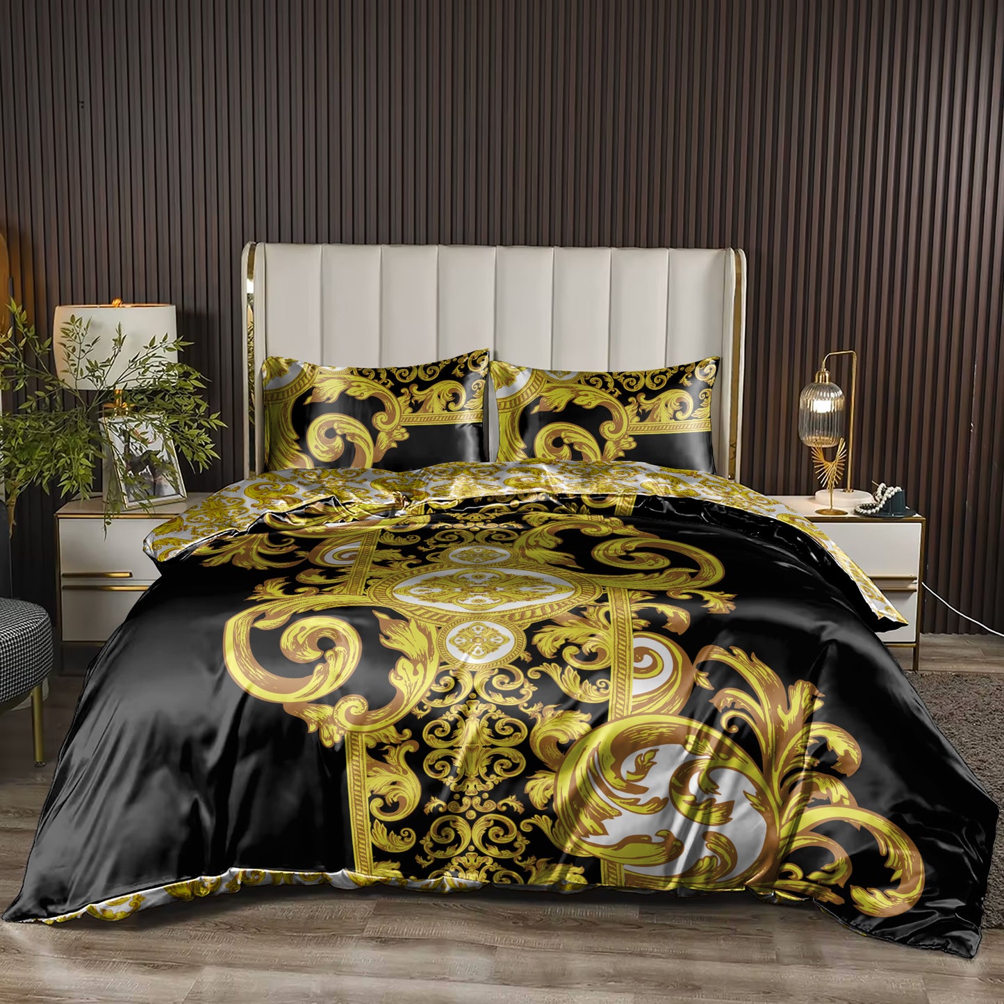 Silky Bedding set "Crete" Baroque Black Yellow White Personalised Romantic design  • Reversible design