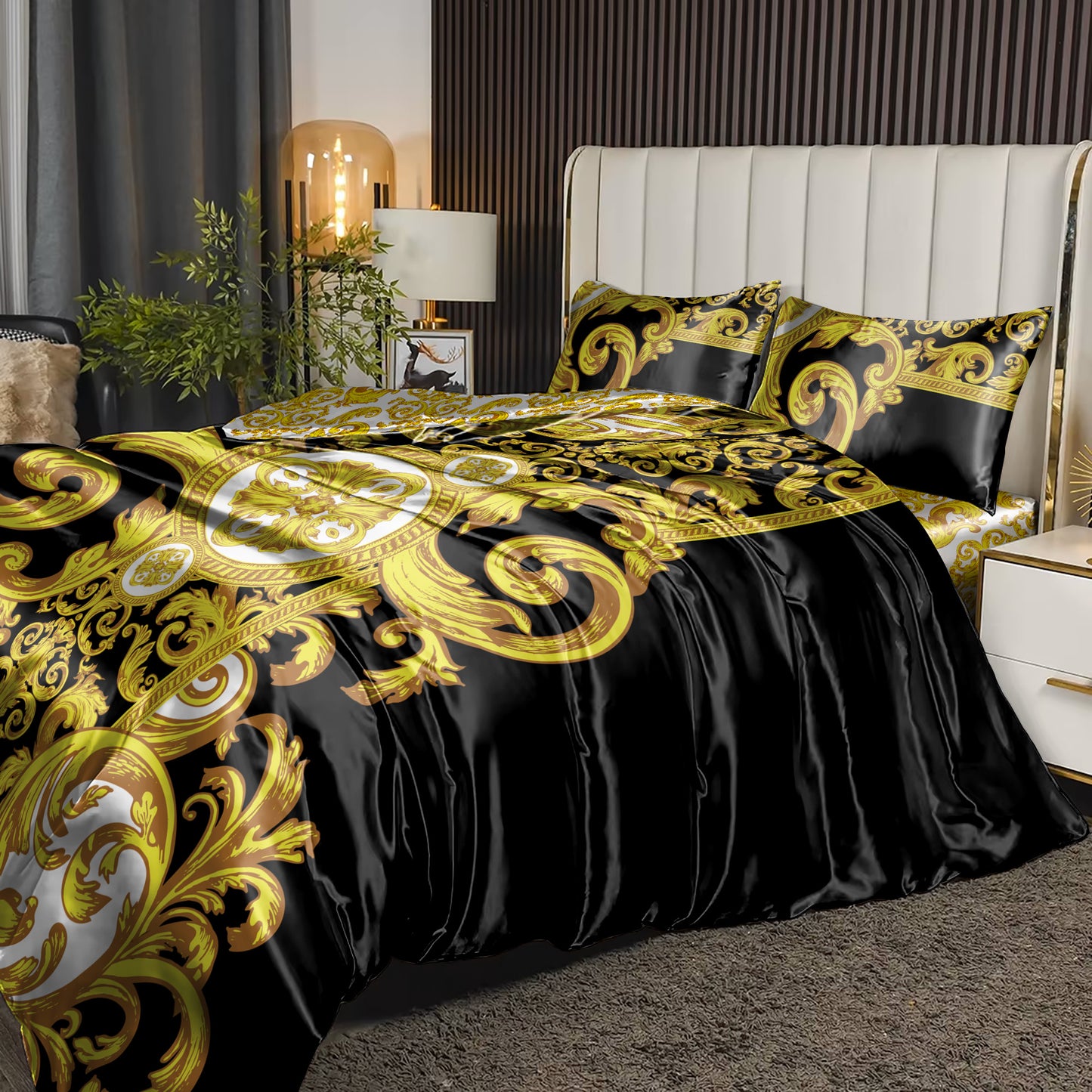 Silky Bedding set "Crete" Baroque Black Yellow White Personalised Romantic design  • Reversible design