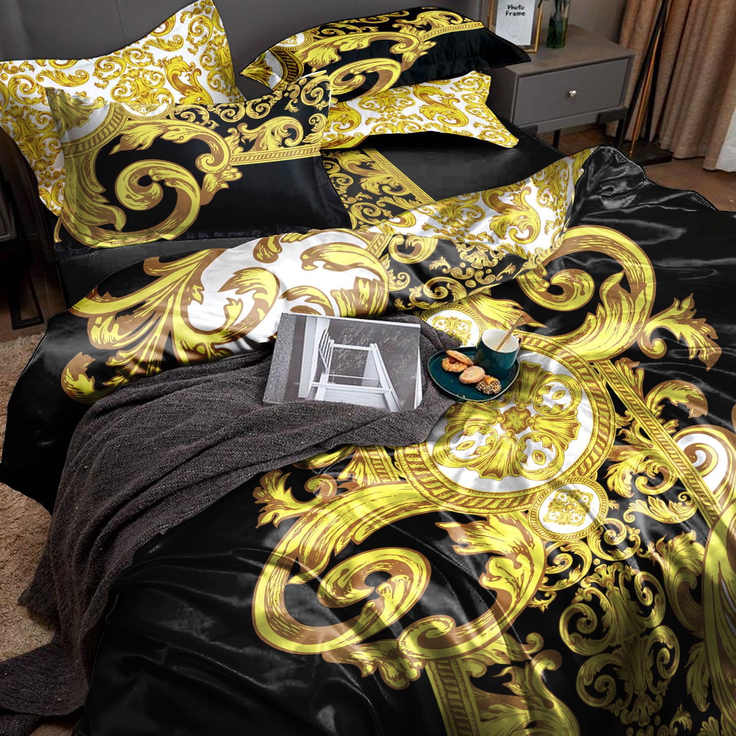 Silky Bedding set "Crete" Baroque Black Yellow White Personalised Romantic design  • Reversible design