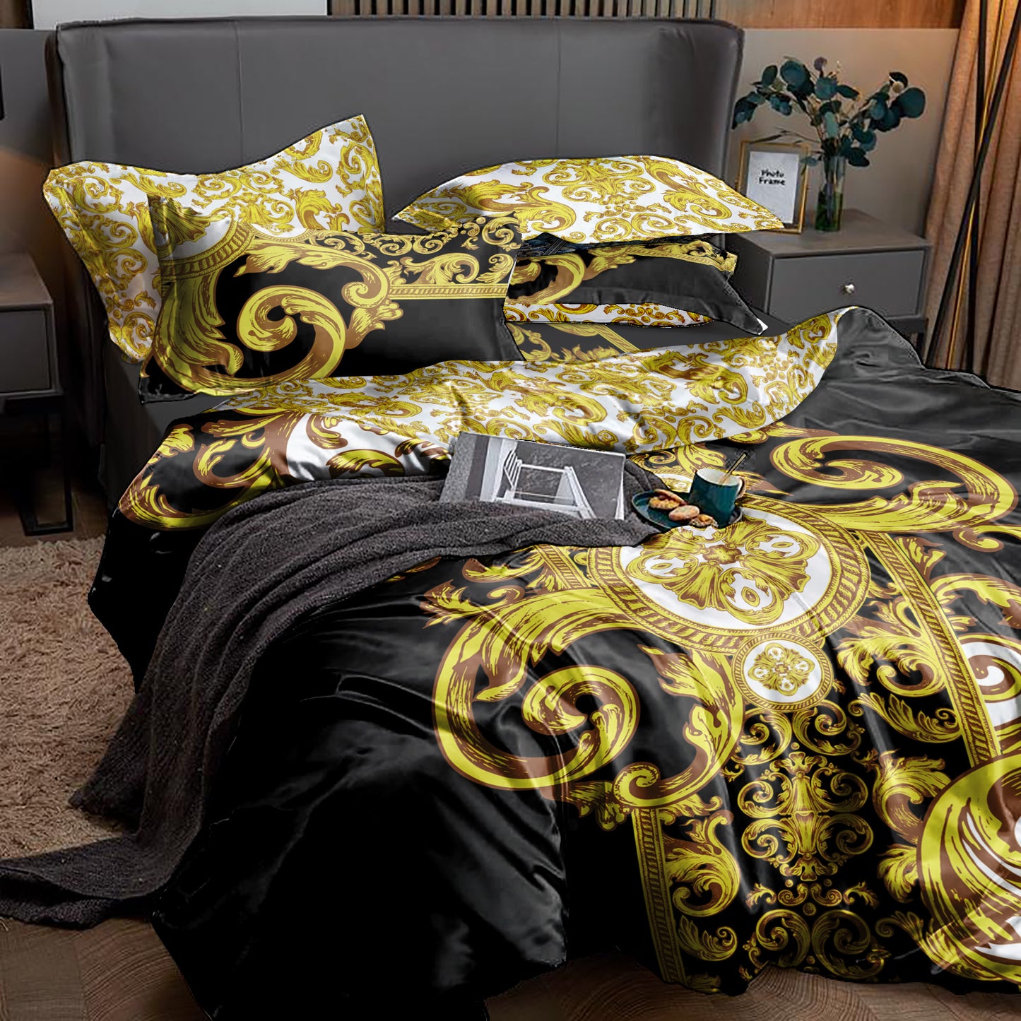 Silky Bedding set "Crete" Baroque Black Yellow White Personalised Romantic design  • Reversible design