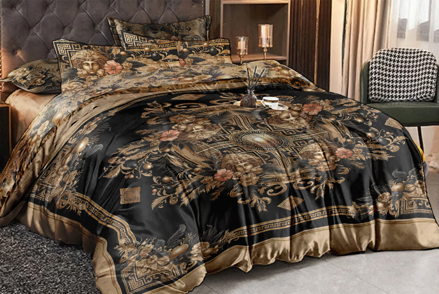 "Sasha" Baroque Christmas personalized flowers bedding set • Reversible design • faux silk or bamboo fabric