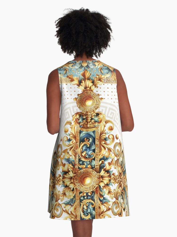 Oil painting baroque style leaves golden blue pattern design A-Line Dress